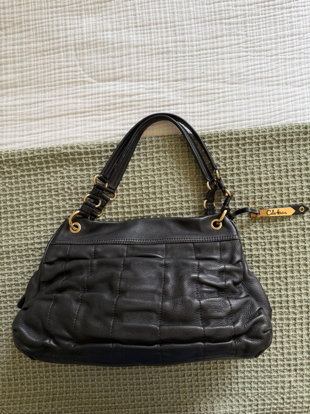 Cole Haan Black Quilted Leather Shoulder Tote with Gold Hardware